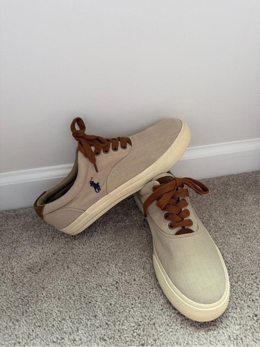 Polo by Ralph Lauren Men’s Beige Canvas Sneakers with Brown Laces and Navy Pony